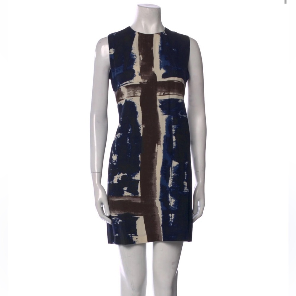 Samantha Sung Navy Abstract Hand Painted Sleeveless 100% Silk Mini Dress Size 6